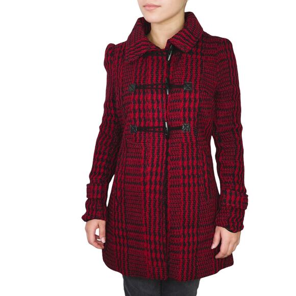 Ambiance Red Plaid Peacoat Jacket Twee Fitted Retro Puff Shoulder Coat Small - Picture 1 of 6